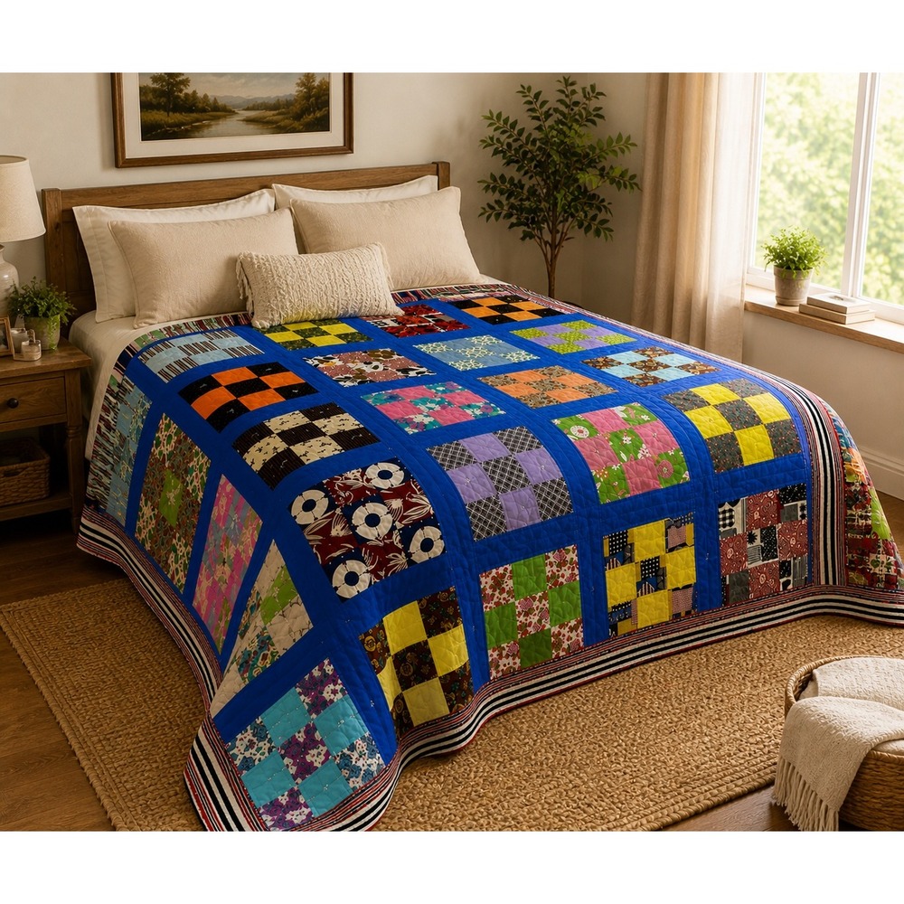 Handmade Patchwork Quilt 86x72 Full Size Colorful Modern Tied Bedspread